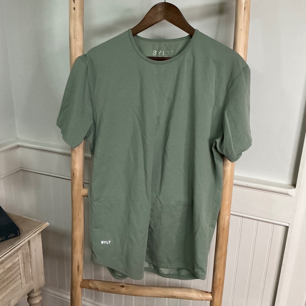 BYLT Premium Basics Mens Drop Cut Lux T-Shirt Sage Green Large Curved Hem Tee
